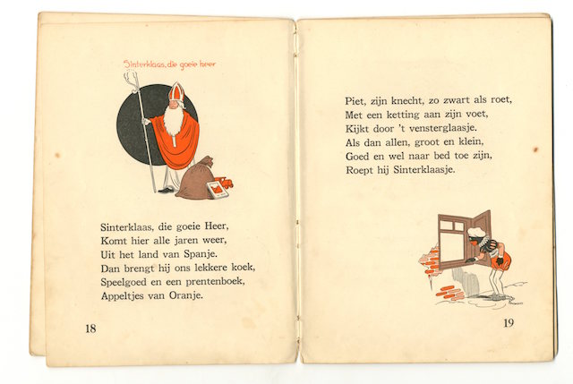 Zwarte Piet ligt aan de ketting bij ‘die goeie Heer’, illustraties van Phiny Dick uit 1941.